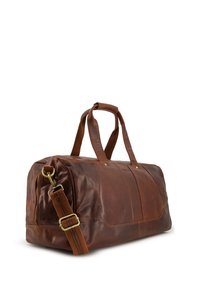 Braune Leder-Reisetasche mit zwei Griffen, einem abnehmbaren Schultergurt und einem Reißverschlussfach; verfügt über eine glatte Textur und genähte Akzente.