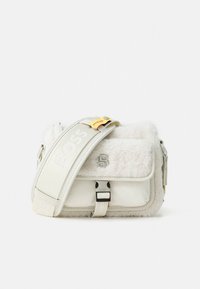 White crossbody bag featuring faux fur texture, a smooth leather base, adjustable strap, and metallic hardware with embossed logo detail.