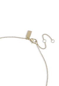 Gouden ketting met een karabijnhaak en verlenging. Beschikt over een platte tag met merknamen en meerdere lussen voor verstelbare lengte.