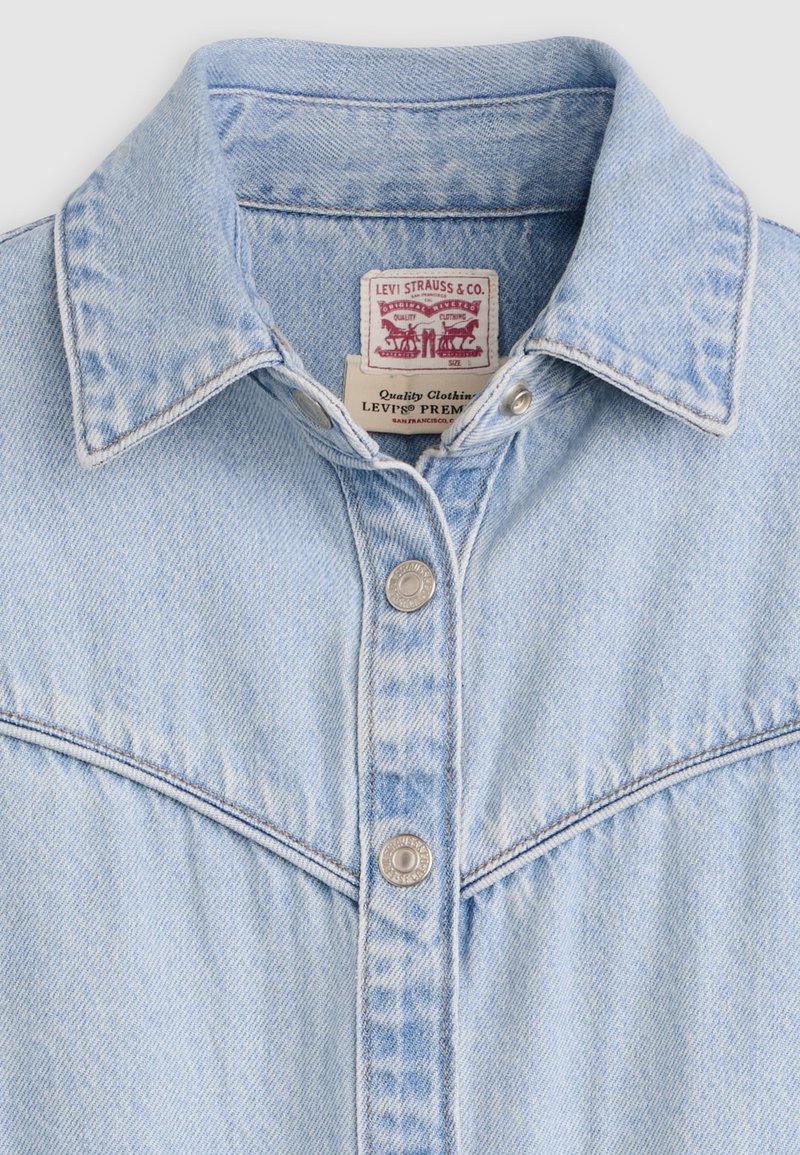 Col de veste en denim bleu clair avec deux boutons-pression argentés et étiquettes visibles de la marque Levi Strauss & Co. à l'intérieur.