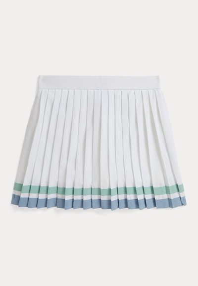 Λευκή πλισέ φούστα με ελαστική μέση. Διαθέτει τελείωμα με εναλλασσόμενες ρίγες σε πράσινο, λευκό και μπλε. Λεπτή υφή.