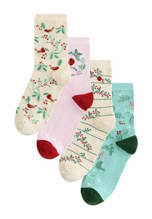Set of four pairs of socks: cream with bird and berry pattern, pink with polka dots, striped cream with red accents, and mint green with holiday designs.