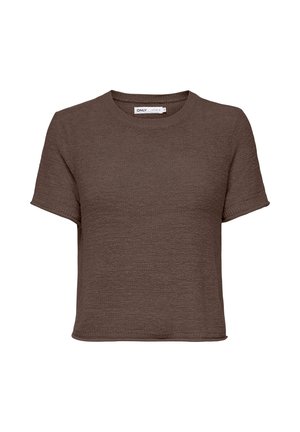 Top court en maille marron à manches courtes avec col rond et tissu texturé, étiquette de la marque "ONLY" à l'intérieur du col.