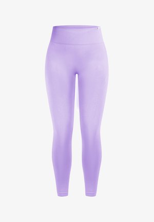 Leggings viola con vita alta. Realizzati in tessuto elasticizzato, caratterizzati da una trama liscia e un design aderente.