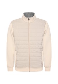 Svetlo bež zip-up jakna z quiltanim sprednjim delom in pletenimi rokavi. Ima visok ovratnik in dve stranski žepu. Nežna tekstura.