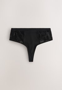 Sort g-streng med en glat central panel og blonde detaljer på siderne. Enkel design med en tynd elastisk linning.