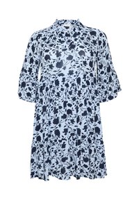 Blumenkleid in Himmelblau mit dunkelblauem Blumenmuster. Besitzt einen gerafften Ausschnitt und weit ausgestellte Ärmel, gefertigt aus leichtem Stoff mit lockerer Passform.