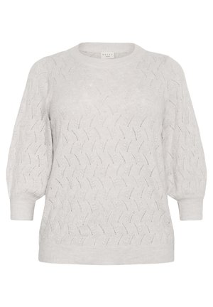 Maglione grigio chiaro lavorato a maglia con un motivo a onda testurizzato, scollatura rotonda e maniche a palloncino. I polsini e l'orlo a coste conferiscono struttura.