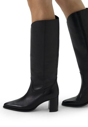Black leather knee-high boots with a square toe, block heel, smooth texture, and minimal design. Side zipper detail for ease of wear.