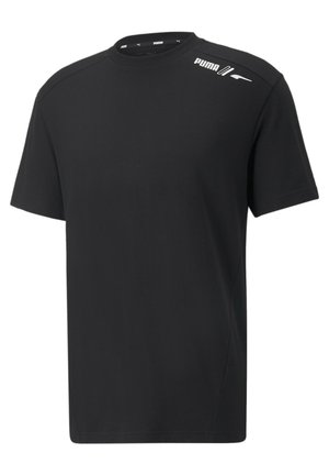 Sort Puma T-shirt med korte ærmer, rund hals og hvid Puma-logo på venstre skulder.