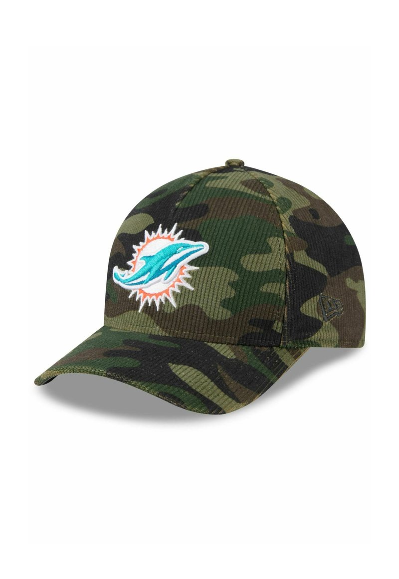 Tarnmuster-Basketballmütze aus Cord. Der gewölbte Schirm zeigt ein Miami Dolphins-Logo in türkis, orange und weiß gestickt.