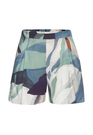 Hoch taillierte Shorts mit einem breiten Bund, versehen mit einem abstrakten Tarnmuster in Grün-, Blau-, Weiß- und Beigetönen.