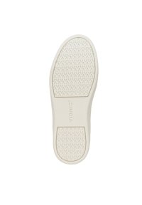 Witte rubberen zool met een golvend patroon voor grip en 'VIONIC'-branding nabij de hiel. Gladde textuur, ronde vorm.