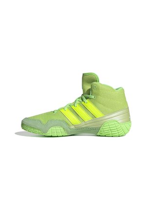 High-top neon green athletic shoe with three bright yellow stripes, textured sole, and lace-up front, isolated on white background.