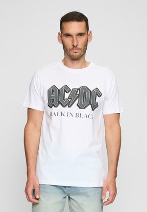 Hvid bomulds T-shirt med et sort AC/DC logo og teksten "BACK IN BLACK". Klassisk pasform med korte ærmer og en blød tekstur.
