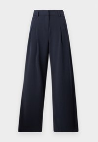 Navy wide-leg trousers with a smooth texture, featuring front pleats and a classic waistband, designed for a relaxed fit.