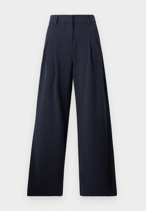 Pantalons larges navy avec une texture lisse, présentant des plis avant et une taille classique, conçu pour un ajustement décontracté.