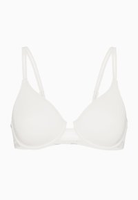 Seno bianco imbottito con spalline sottili regolabili, texture liscia, coppe triangolari e un design senza cuciture senza alcun abbellimento.