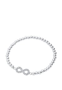 Silberne Perlenarmband mit einem Unendlichkeitssymbol, das mit klaren Kristallen verziert ist. Glatte Textur mit glänzenden, reflektierenden Oberflächen.