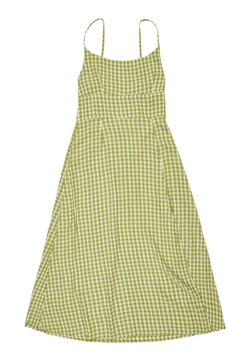 Green gingham midi dress with thin straps, fitted bodice, and flowing skirt. Made from lightweight fabric with a smooth texture.