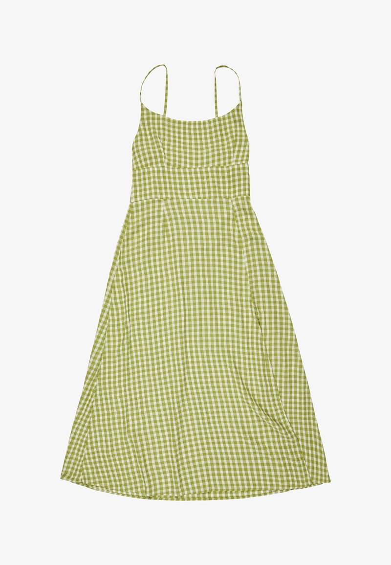 Grünes Gingham-Midi-Kleid mit dünnen Trägern, tailliertem Oberteil und fließendem Rock. Hergestellt aus leichtem Stoff mit glatter Textur.