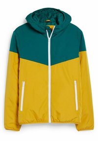 Grün-gelbe Kapuzenjacke mit durchgehendem Reißverschluss, zwei Seitentaschen mit weißen Reißverschlüssen und einem Farbblock-Design.