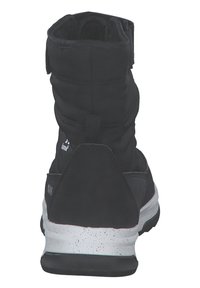 Stivale invernale nero con tomaia in tessuto imbottito, suola in gomma texture e un intersuola maculato bianco. Il design include una fascia posteriore.