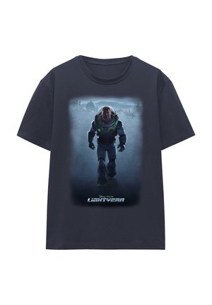 Dark blue cotton t-shirt featuring a graphic print of a character in a space suit, with "LIGHTYEAR" text at the bottom. Short sleeves, crew neck.