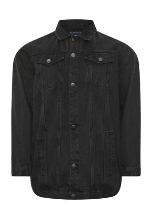 Schwarze Denimjacke mit Druckknöpfen, zwei Brustklappen mit Taschen, langen Ärmeln und Seitentaschen, entworfen für eine lockere Passform.