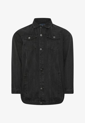 Schwarze Denimjacke mit Druckknöpfen, zwei Brustklappen mit Taschen, langen Ärmeln und Seitentaschen, entworfen für eine lockere Passform.