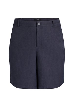 Pantaloni corti sartoriali blu scuro con chiusura a bottoni e zip, passanti per cintura e una texture di tessuto liscia.