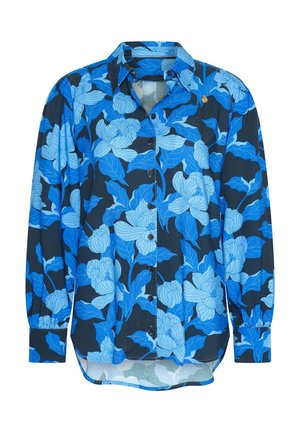 Long-sleeve button-up shirt featuring a dark navy background with large blue floral patterns, soft fabric, and a standard collar.