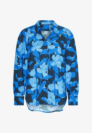 Camicia a maniche lunghe con bottoni caratterizzata da uno sfondo blu navy scuro con grandi motivi floreali blu, tessuto morbido e colletto classico.