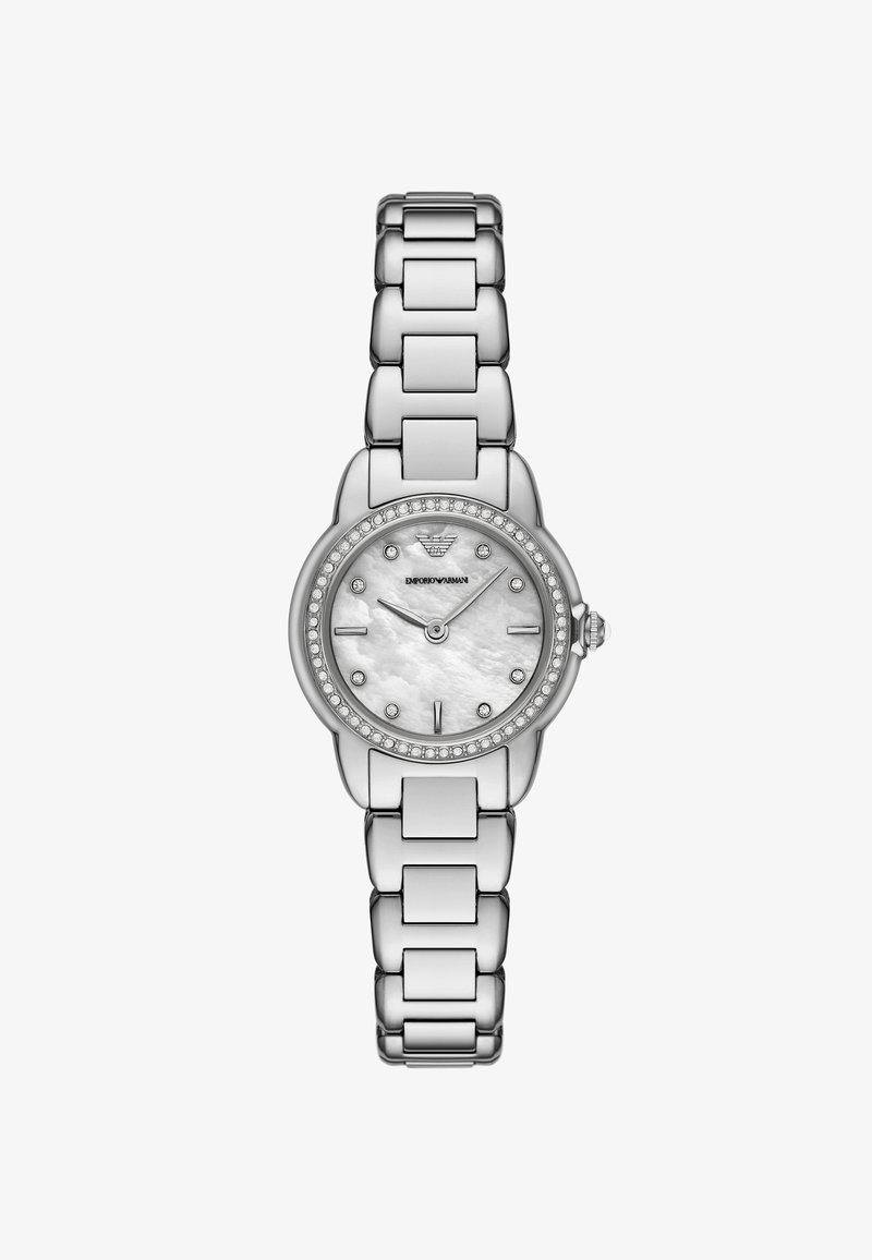 Srebrny metalowy zegarek z okrągłą tarczą z masy perłowej, akcentami kryształowymi oraz bransoletą z linkami o gładkim wykończeniu.