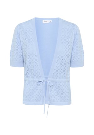 Cardigan lavorato a maglia azzurro chiaro con maniche corte, caratterizzato da una scollatura a V, apertura frontale, cintura con lacci e un motivo a chevron testurizzato su tutta la superficie.