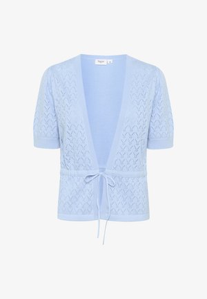 Jasnoniebieski sweter z dzianiny z krótkimi rękawami, z dekoltem w serek, otwartym przodem, wiązaniem w talii oraz teksturowanym wzorem w zygzak przez całą długość.