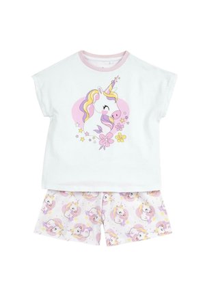 Kinder-Schlafanzugset mit weißem Kurzarmoberteil, das ein pastellfarbenes Einhorn zeigt, und passenden Shorts mit wiederholtem Einhornmuster.