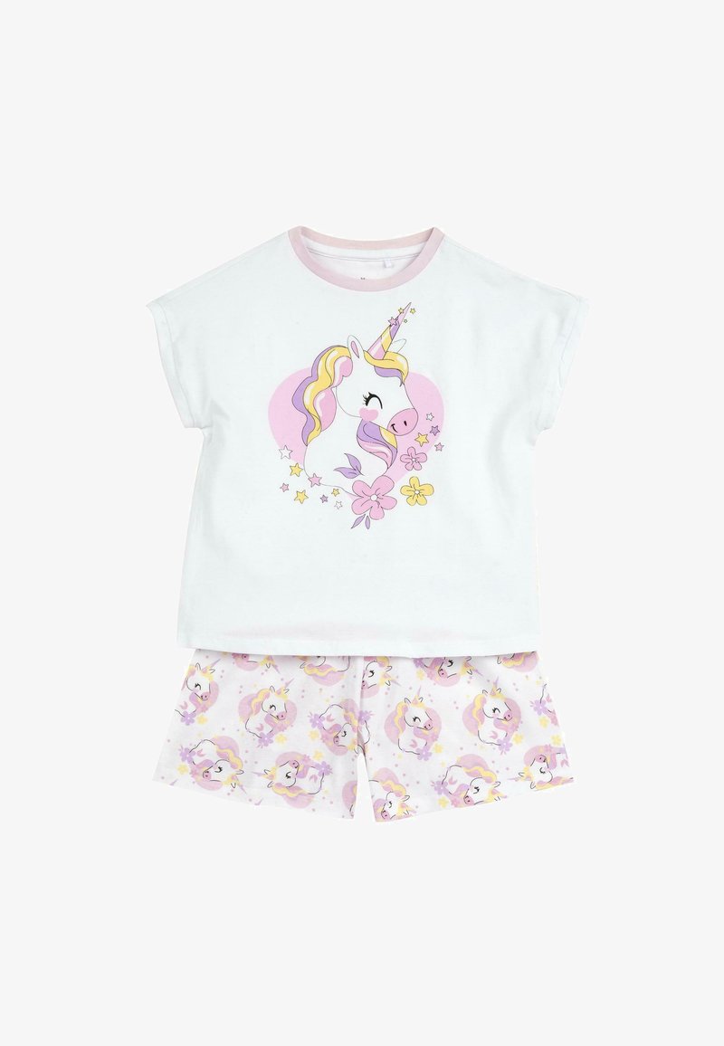 Ensemble de pyjama pour enfants comprenant un haut blanc à manches courtes avec une licorne pastel et un short assorti avec un motif répétitif de licornes.