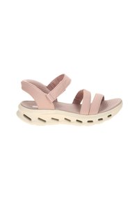 Sandale rose clair à bout ouvert avec trois brides réglables en tissu et une semelle blanche épaisse dotée de trous de ventilation.