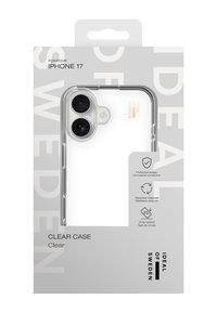 Průhledný kryt na telefon pro iPhone 17, s transparentním designem, tenkým profilem, pevnými okraji a zárukou odolnosti proti pádu uvedenou na obalu.