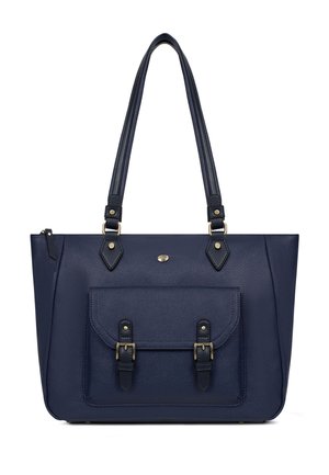 Borsa tote in pelle blu navy con manici lunghi, una tasca frontale assicurata da due fibbie e un piccolo logo metallico sopra la tasca.