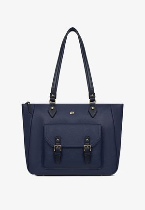 Marineblauwe leren totebag met lange handvatten, een voorvak dat beveiligd is met twee gespsluitingen en een klein metalen logo boven het vak.