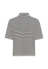 Camicia a maniche corte con righe orizzontali nere e bianche, vista da dietro con un taglio dritto e un colletto.