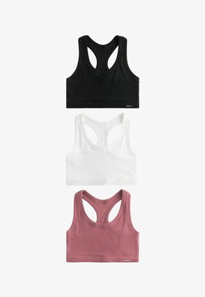 Trois soutiens-gorge de sport sans couture en noir, blanc et rose. Ils présentent un col rond, un design à large dos nageur et une texture côtelée.