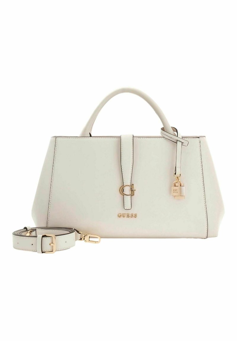 Borsa a mano in similpelle bianca con design strutturato, dettagli in metallo color oro, cerniera laterale, tracolla regolabile e decorazione con lucchetto.