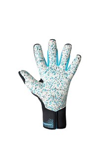 Gants en latex avec une surface blanche texturée, éclaboussés de accents bleu et noir, présentant un poignet noir texturé pour un ajustement sécurisé.