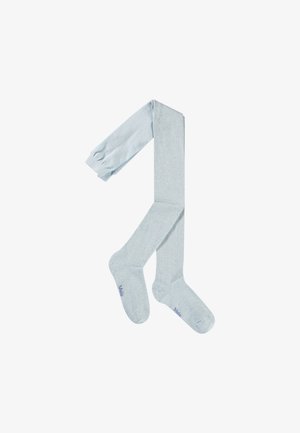Colanți de culoare albastru deschis, cu o textură strălucitoare și sclipitoare. Au o finisare netedă și o talie confortabilă. Detalii cu un logo mic.