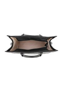 Sac à main en cuir noir avec une finition texturée, intérieur rose clair, double poignées et une poche zippée. Design ouvert pour un accès facile.