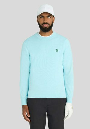 Mand iført en lyseblå sweater, hvid golfhandske, sorte bukser og en hvid perforeret kasket stående mod en ensfarvet baggrund.