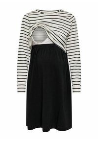 Vestido de lactancia de rayas blancas y negras de manga larga con cintura elástica y solapa frontal para acceso a la lactancia.